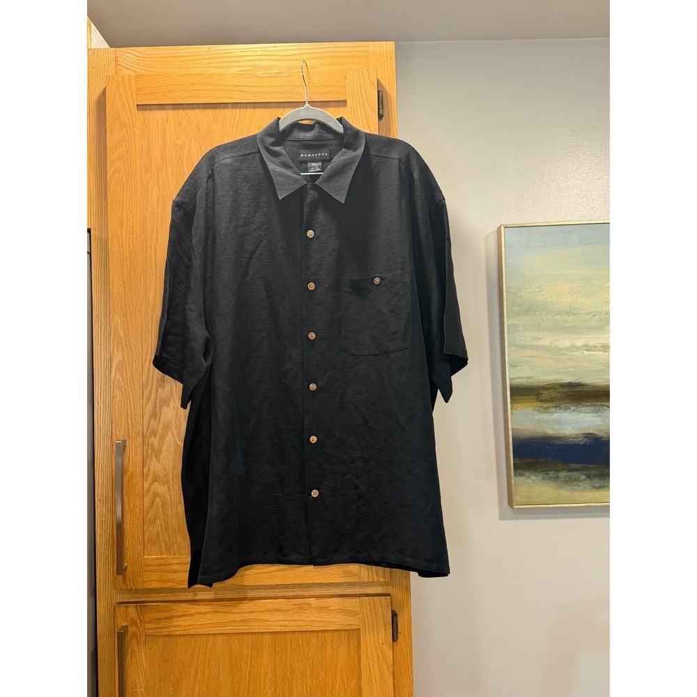 Baracuta Mens XXL Black Silk Linen Short Sleeve Button Down Shirt Textured